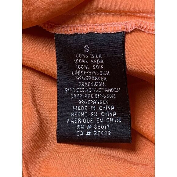 Bebe 100% Silk Orange Retro Print Asymmetrical Hem Dress - Picture 12 of 12